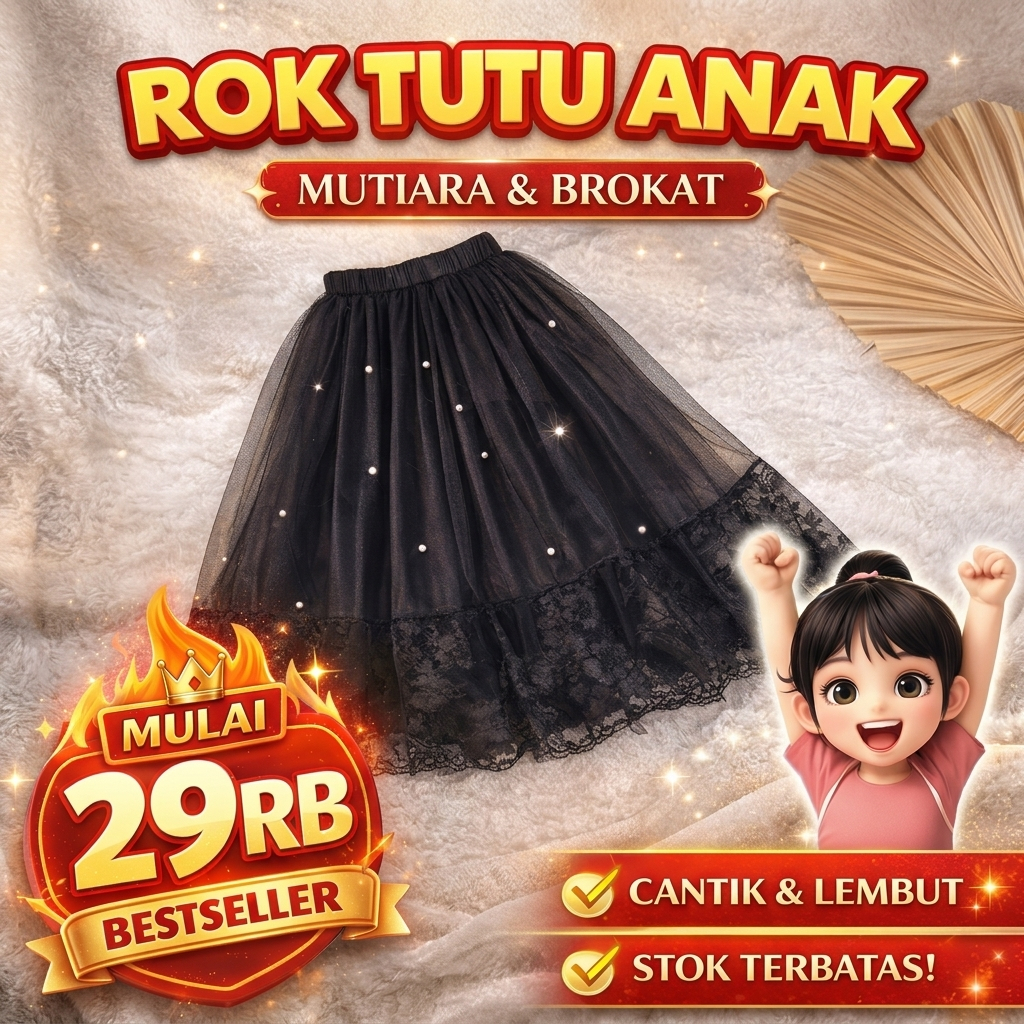 Rok Tutu Anak Mutiara Brokat 4–10th | Rok Anak Perempuan Cantik | Rok Pesta Anak Murah
