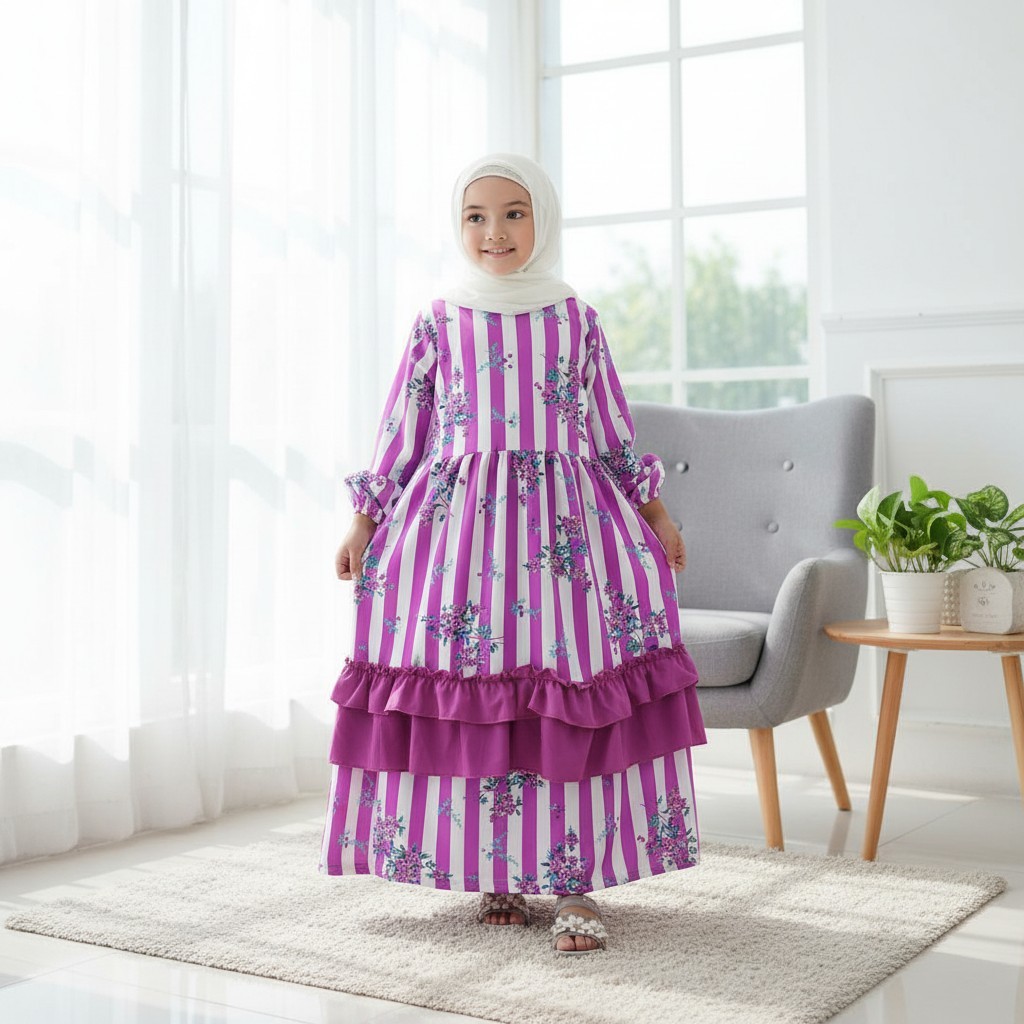 CARLINA Gamis Shanum Nebula Bunga Anak Perempuan Ruffle Dress Maxy