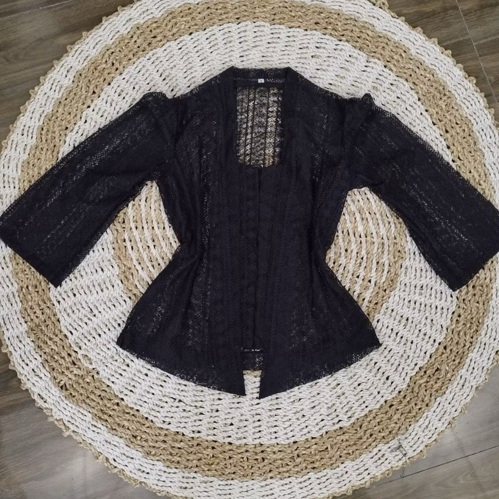Kebaya Brokat Wanita - Atasan Hitam, Bahan Brokat Non Gliter, Lengan Batwing, Cocok untuk Hijab