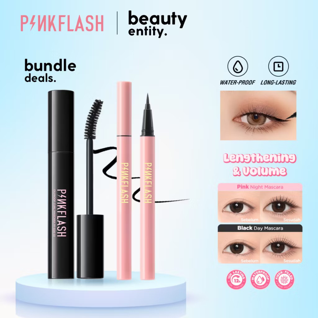 (BUNDLING HEMAT) PINKFLASH Mascara + Eyeliner Bundle Set Volumizing Waterproof Maskara dan Eyeliner 