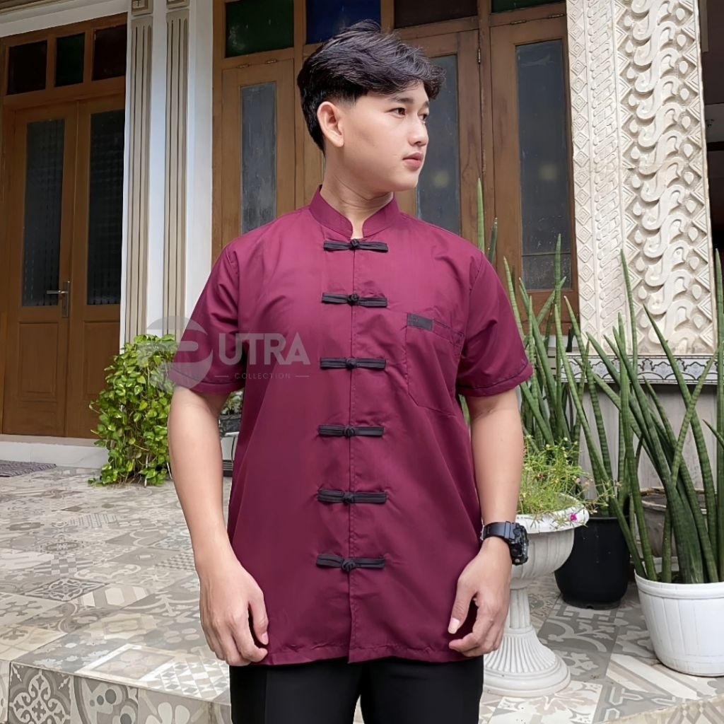 Kemeja Cheongsam Pria Modern Maroon List Hitam - Kemeja Imlek Pria Modern