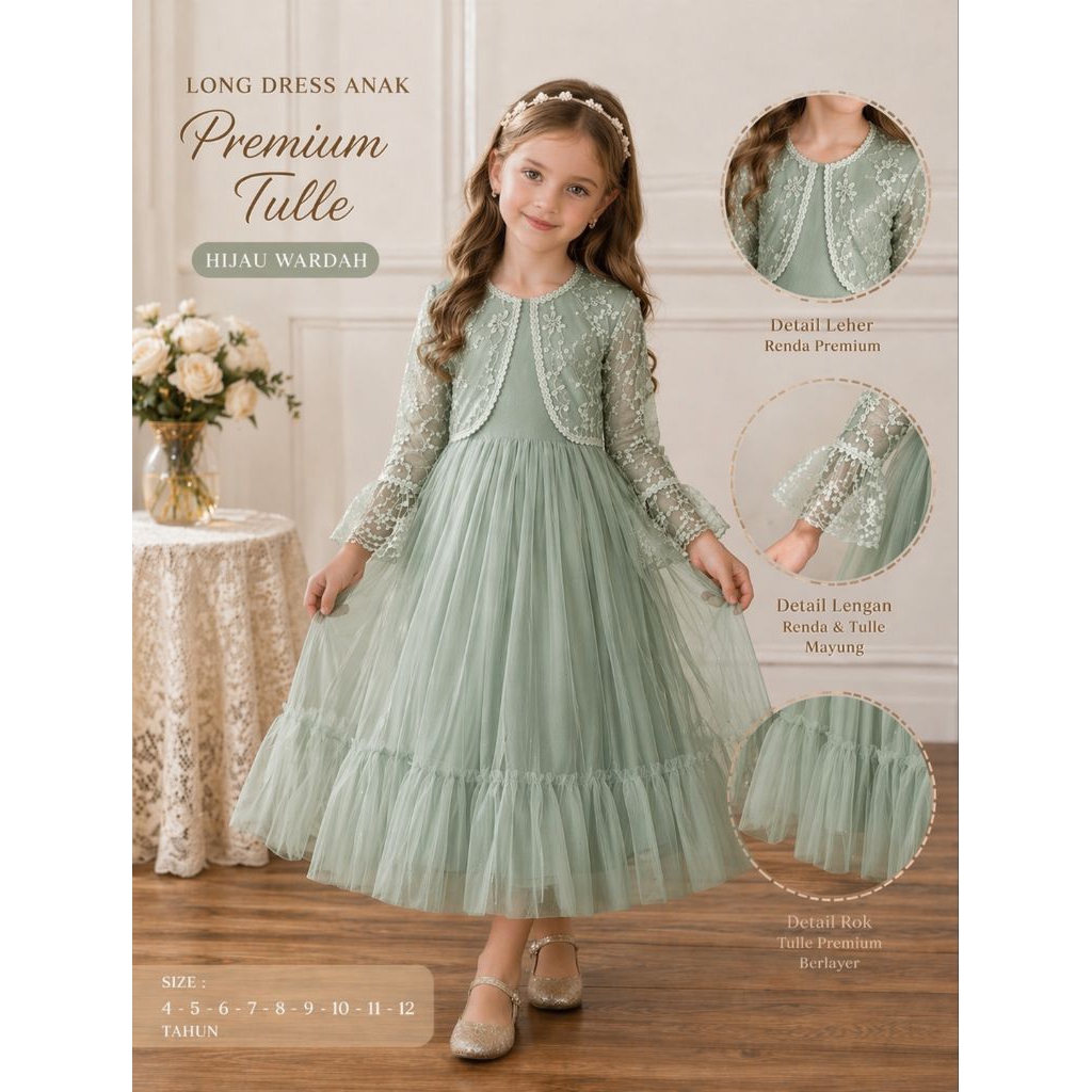 Gamis Anak Perempuan Premium Tulle | Dress Pesta Anak Elegan Brokat Layer | Baju Anak Kekinian Rose 