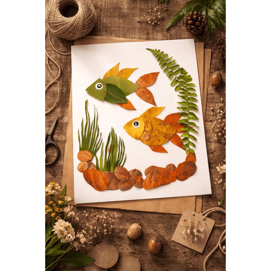 kerajinan kolase daun asli reallpict (ikan ukr f4)