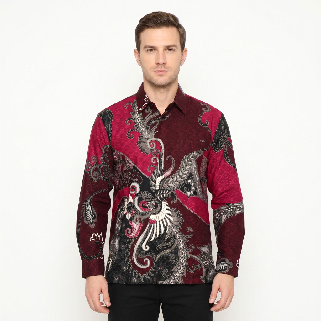 |Magnus| Kemeja Batik Pria Lengan Panjang Bahan Doby Serat Lapis Furring Arrow Warna Merah Maron