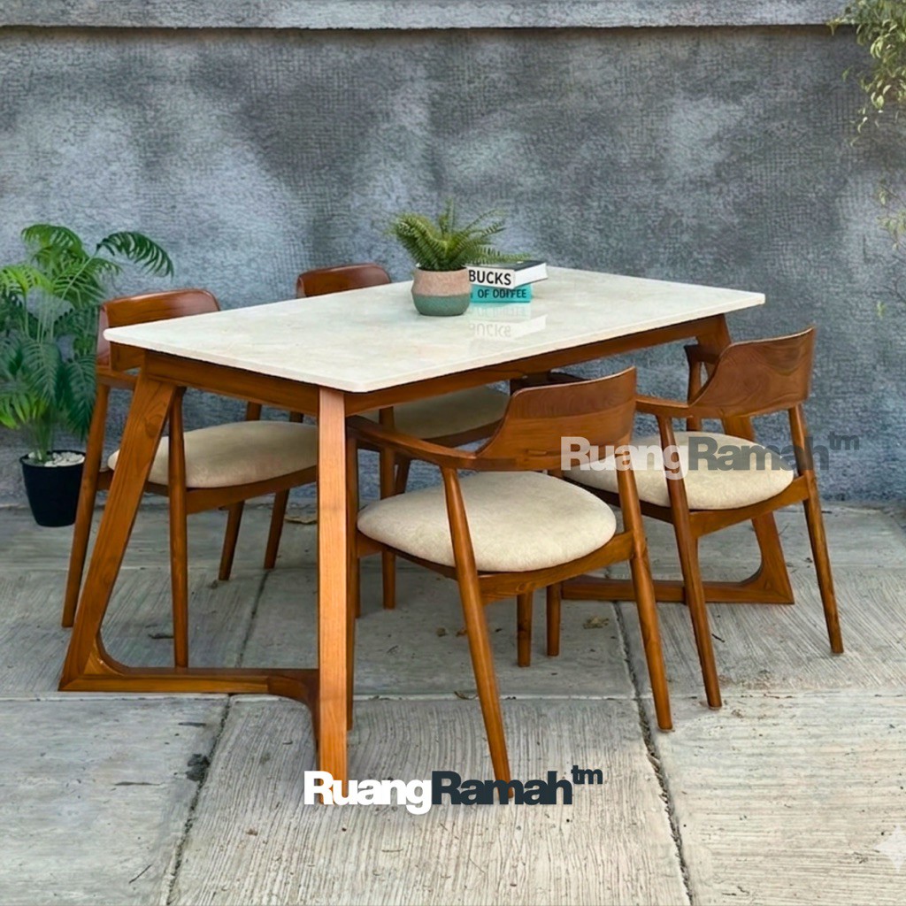 Set Meja Makan Kayu Jati Minimalis 4 Kursi Top Marmer | Meja Makan Modern Estetik Kursi Kayu Jati So