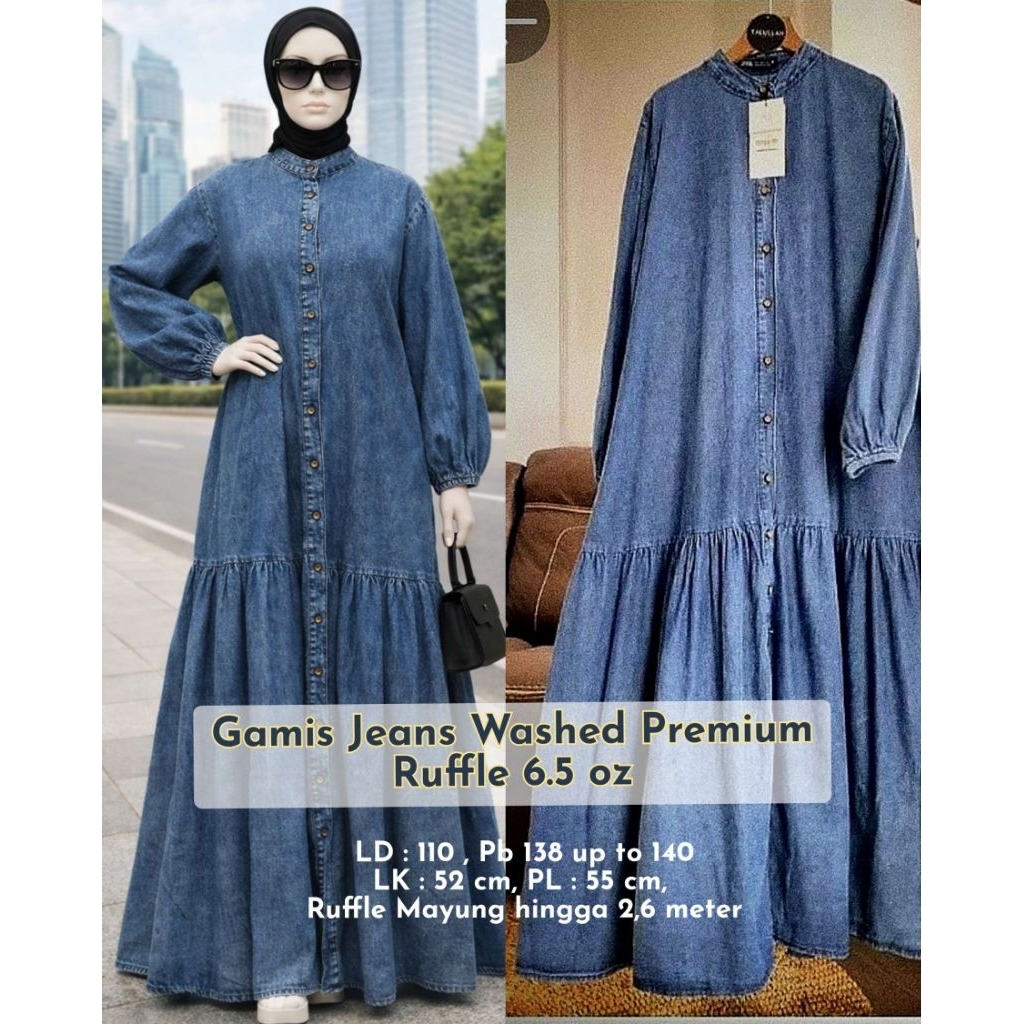 Gamis Ruffle Jeans (Denim) Washed Original Premium Ketebalan 6,5oz tidak kaku, lembut, mayung