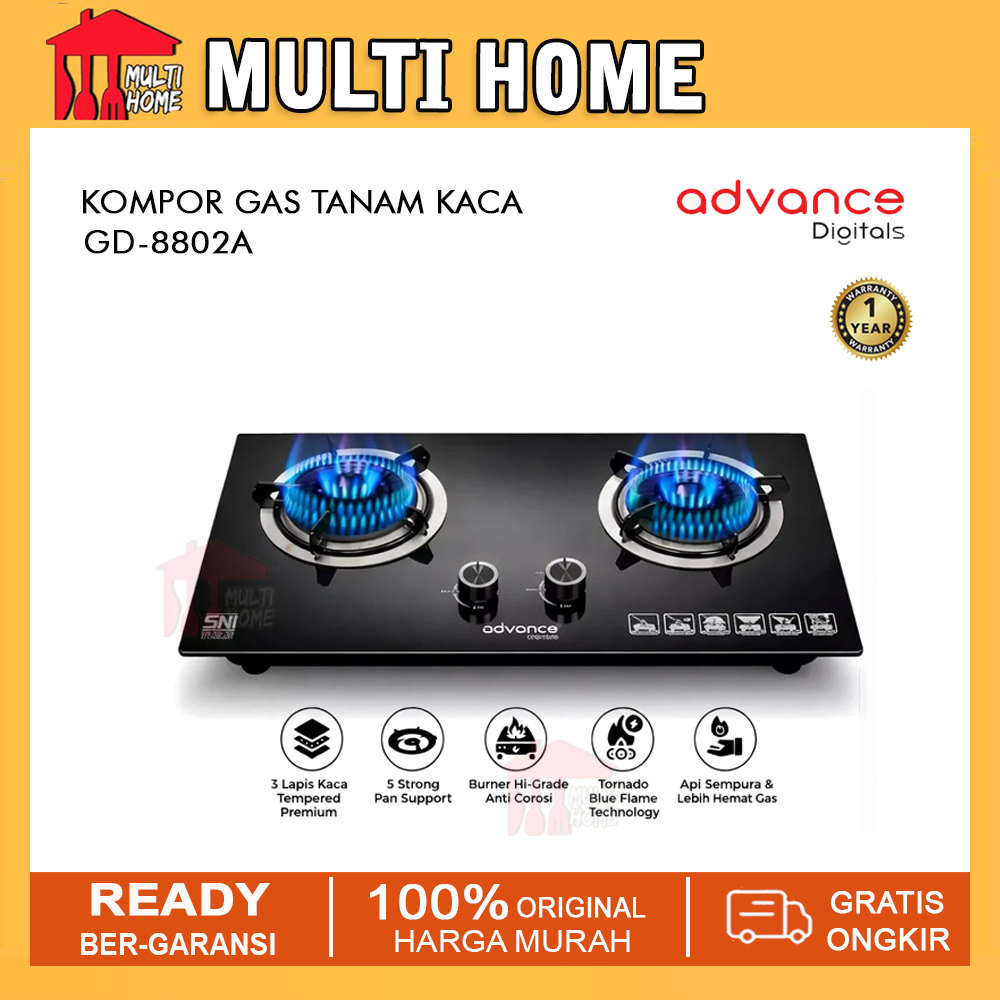 Advance Kompor Gas Tanam GD-8802A Kompor Gas Tanam Tornado Blue Flame 2 Tungku Tempered Glass