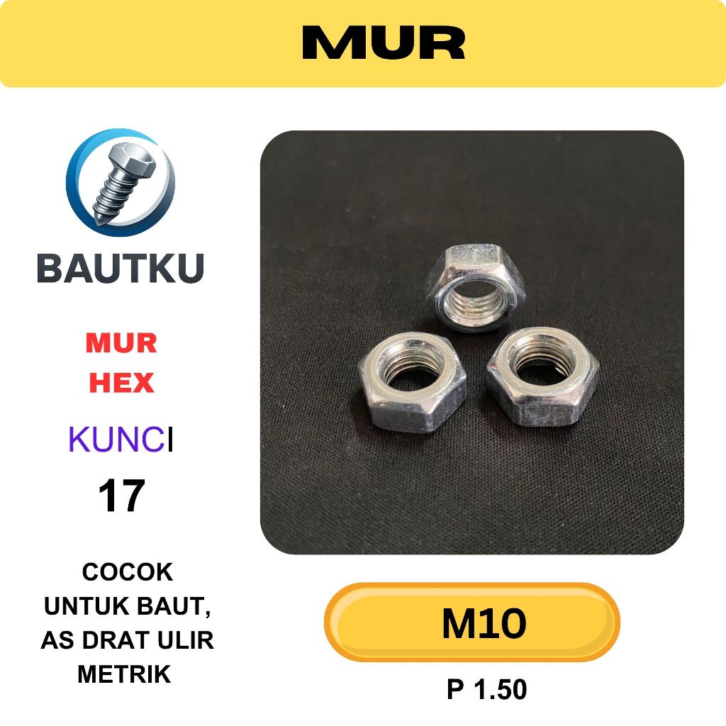 MUR HEX M10 Putih Galvanis (Kunci 17) Untuk As Drat M 10 Murah Berkualitas