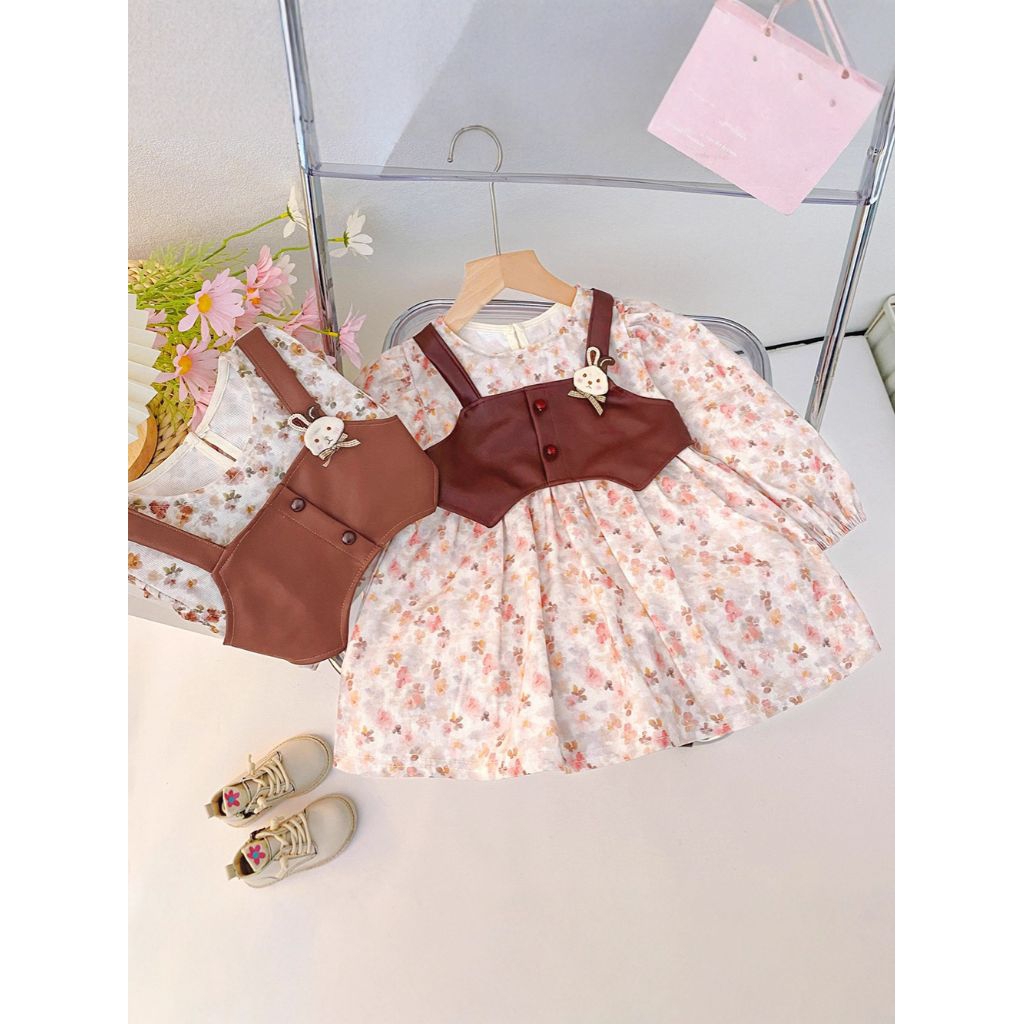 Dress rompi nyatu motif bunga-bunga kecil lengan panjang Baju gaun anak cewek lucu dan cantik Stylis