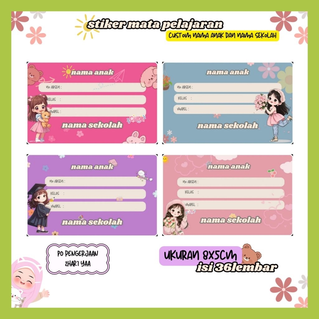 36Label Buku Pelajaran Sekolah CUSTOMNAMA ANAK DAN NAMA SEKOLAH