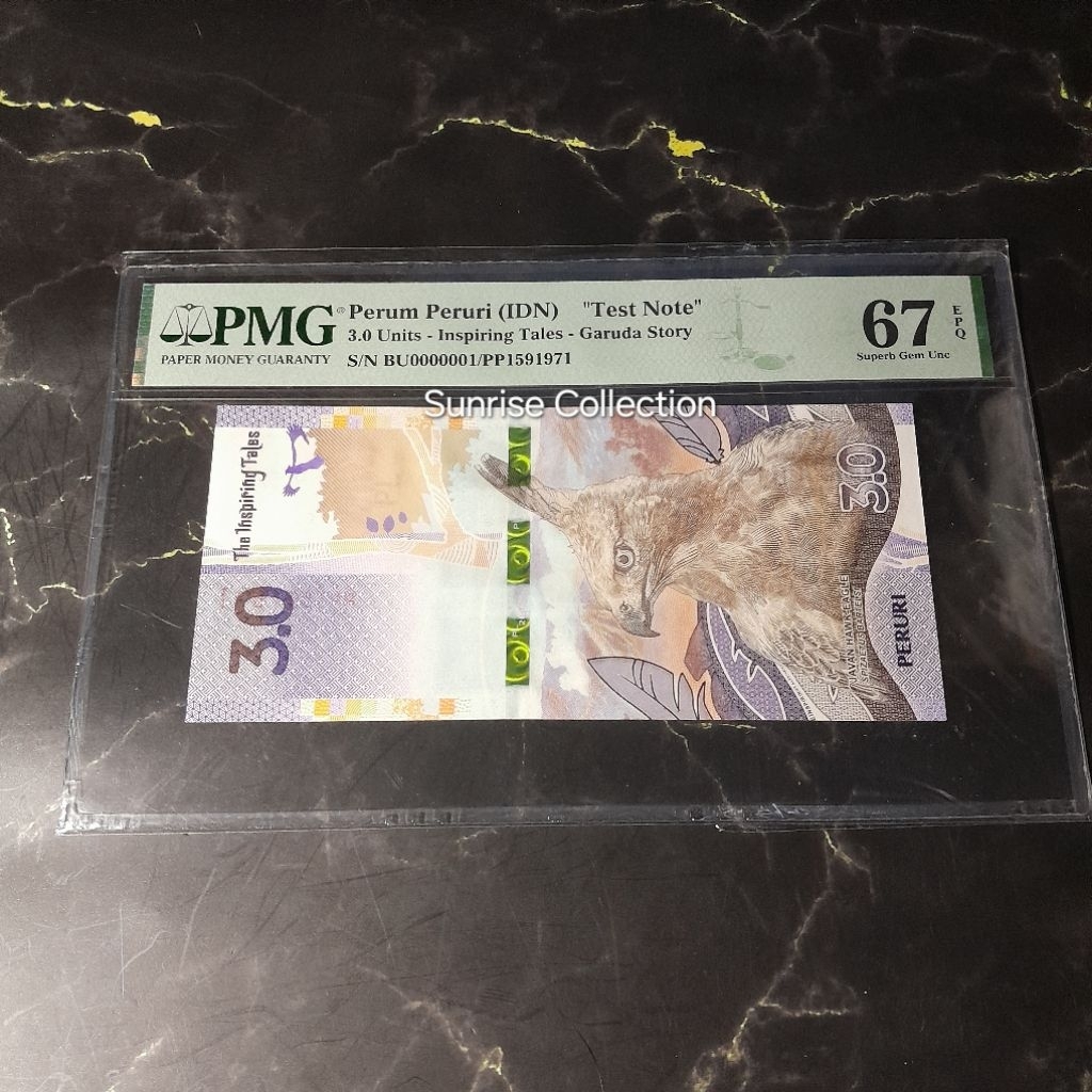 Koleksi PMG 67 EPQ Testnote Peruri Elang 3.0 Seri Low Number BU 0000001
