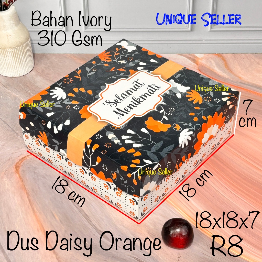 [Isi10] Dus Nasi Kue Roti 18x18x7 cm R8 Ivory DAISY ORANGE Dus Box Kotak Cake Puding Nasi Berkat 18x