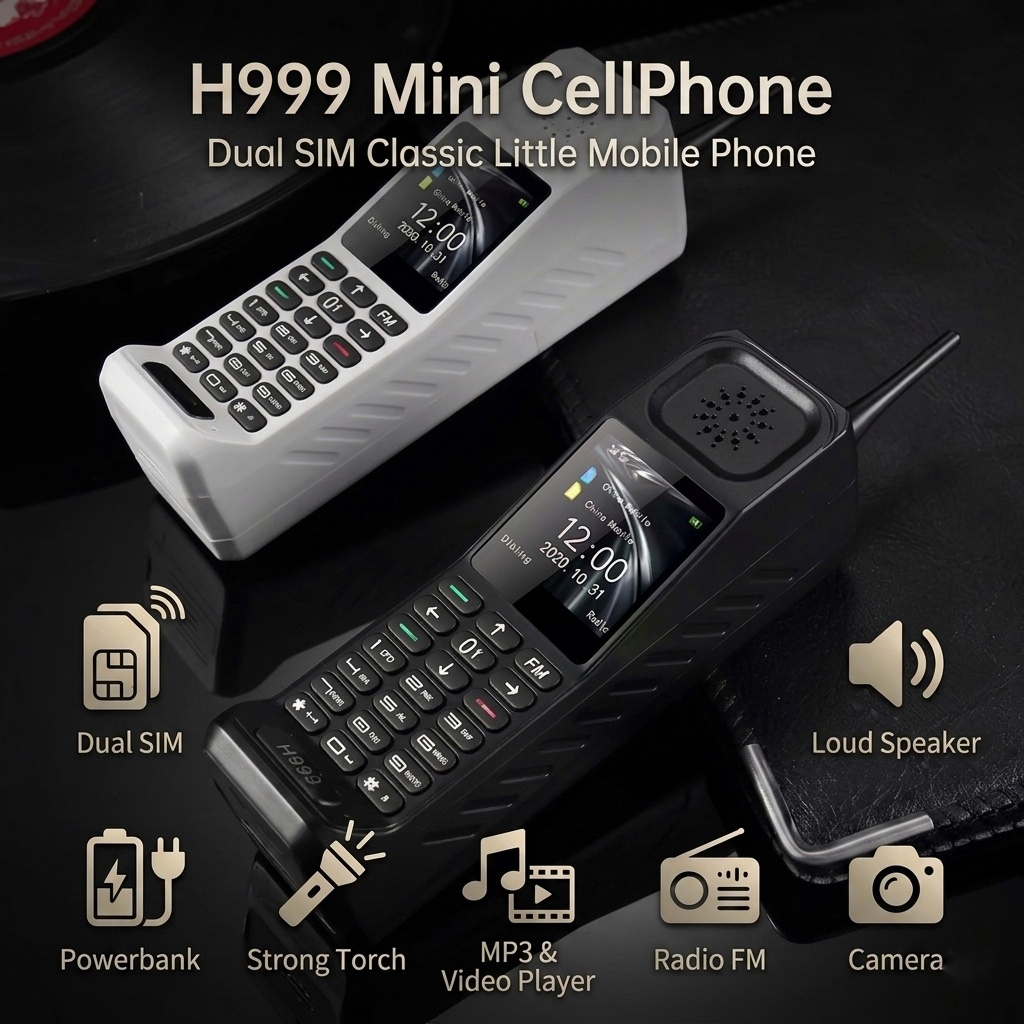 H999 HP Mini Retro Candybar Dual SIM Power Bank Senter LED FM Radio MP3 - HP Cadangan Outdoor Lansia