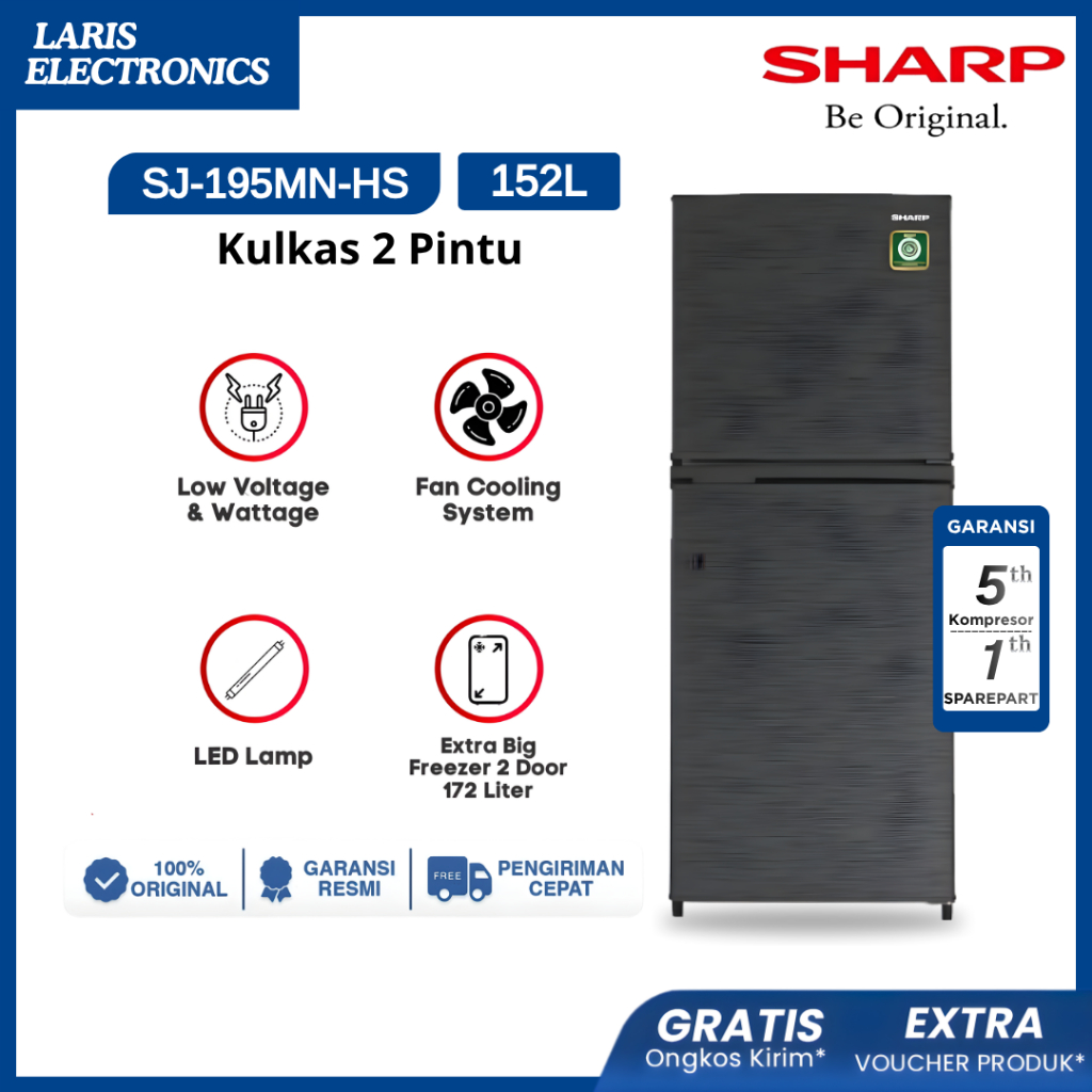 SHARP Kulkas 2 Pintu SJ-195MN-HS BERKAPASITAS BESAR 152L, SHARP, Kirei Series