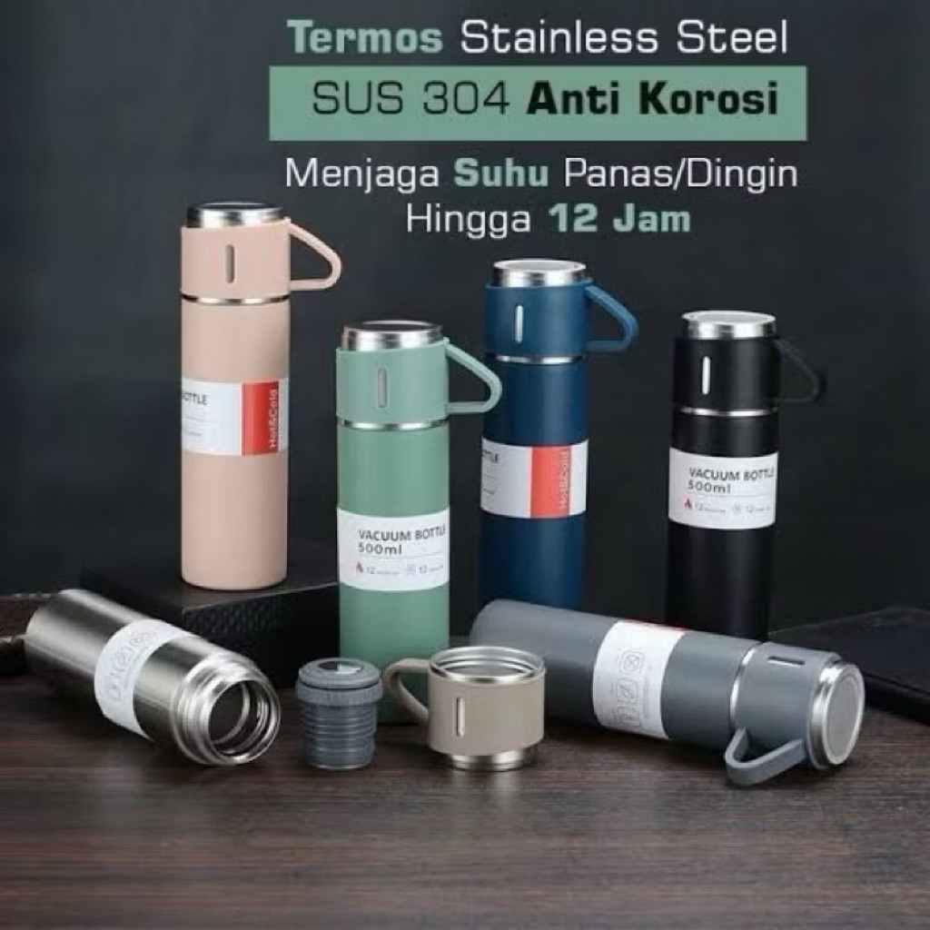 Termos Vacuum Flask Set 500ml - Desain Elegan, Warna Acak, Souvenir Premium