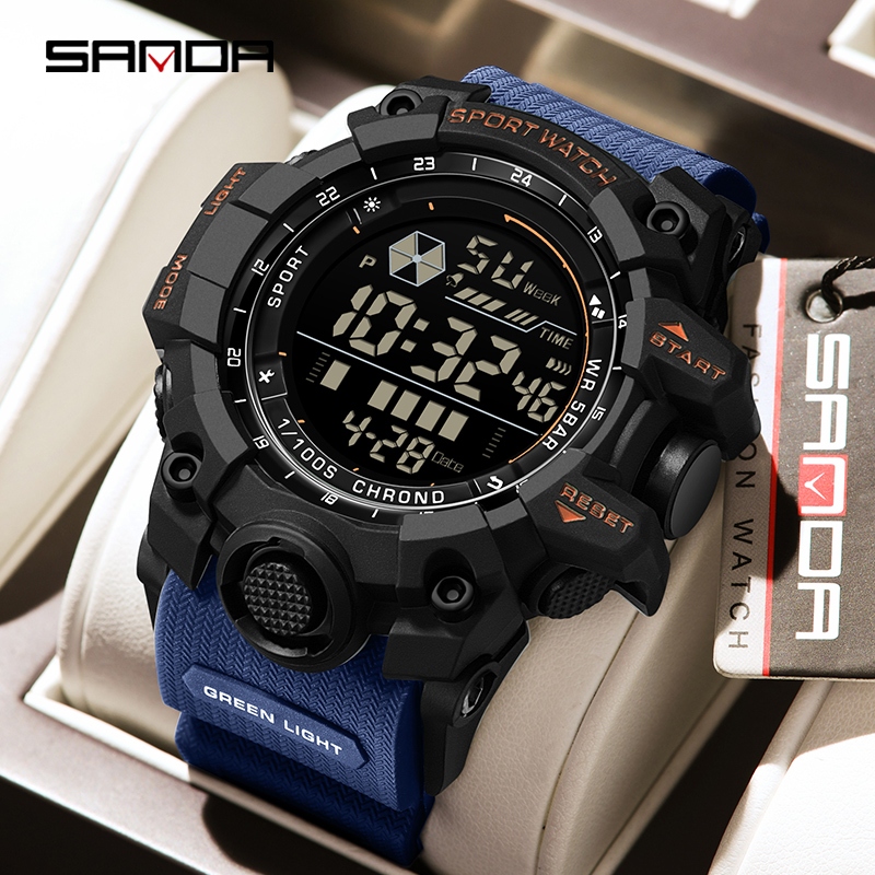 SANDA Jam Tangan Elektronik Pria Mewah Jam Tangan Chronograph Kalender Bercahaya LED Tahan Air Multi