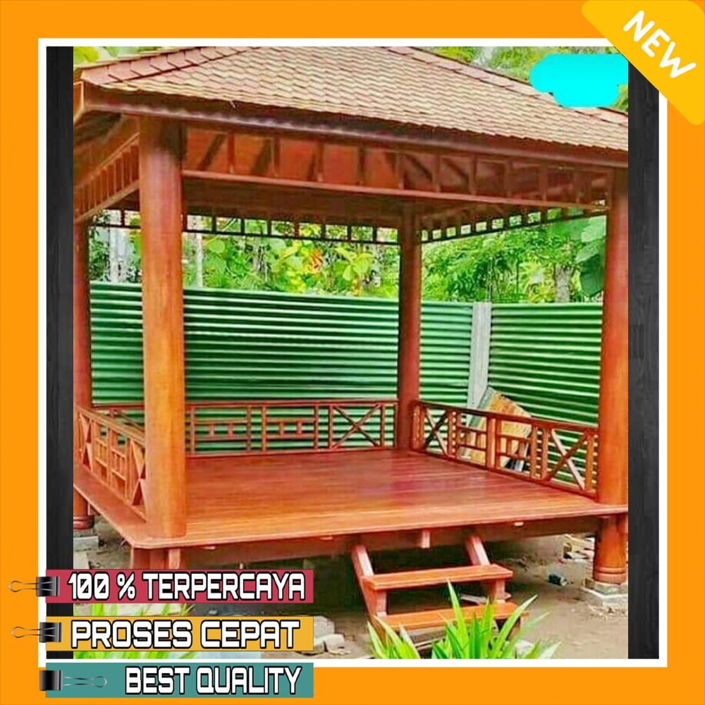 Gazebo 3x3 Meter Kayu Kelapa | Kayu Glugu Pagar Silang | Saung Taman | Gazebo Wisata | Gazebo Pantai