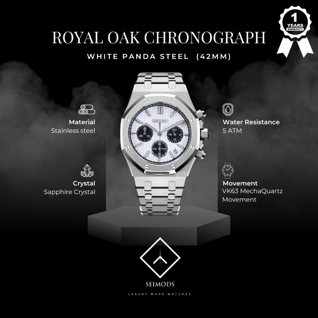 Jam Tangan Seiko Mod Royal Oak Panda Dial VK63 Quartz Chronograph Watch