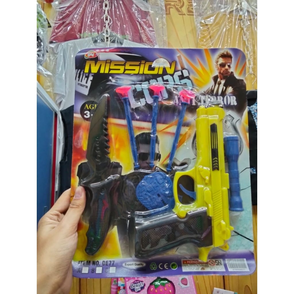 DE 77 Mainan Anak Pistol Set Polisi Mission Anti Terror - Pistol Peluru Tempel & Pisau Plastik Keren