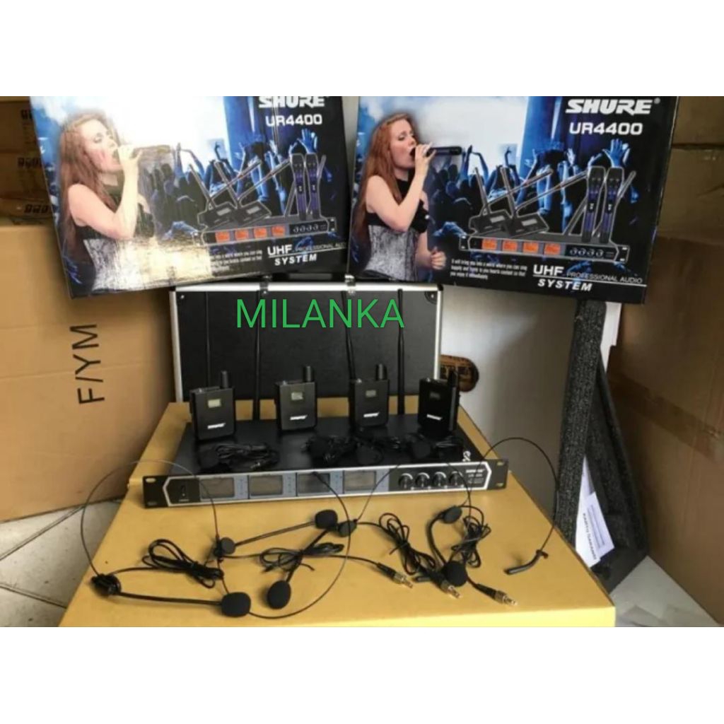 Mic Wireless 4 Mic Headset Bando + 4 Mic Clip On Jepit SHURE UR 4400 TERBAIK