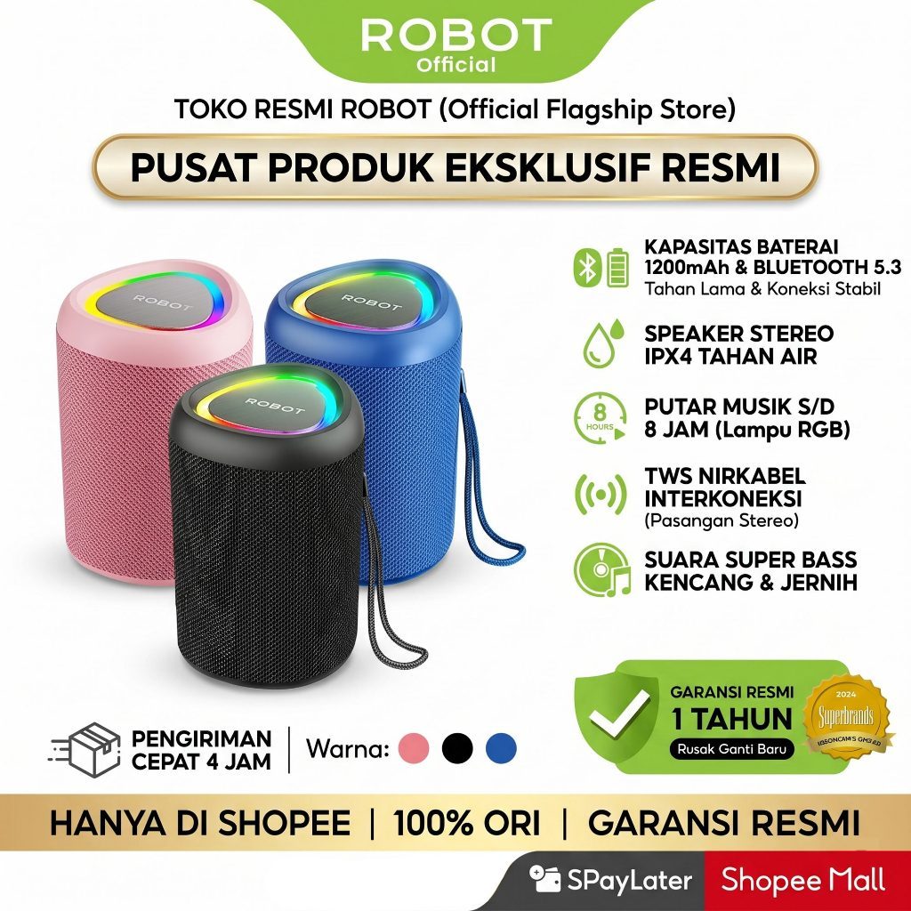 ROBOT Speaker Bluetooth Ultra Bass Tahan 8 Jam Pemutaran Bluetooth 5.3 IPX4 Waterproof Mini Portable Super Bass RGB Light Baterai 1200mAh Tahan Lama Sport Speaker Outdoor Indoor Suara Kencang Jernih Original Garansi Resmi 1 Tahun - RB120 Black