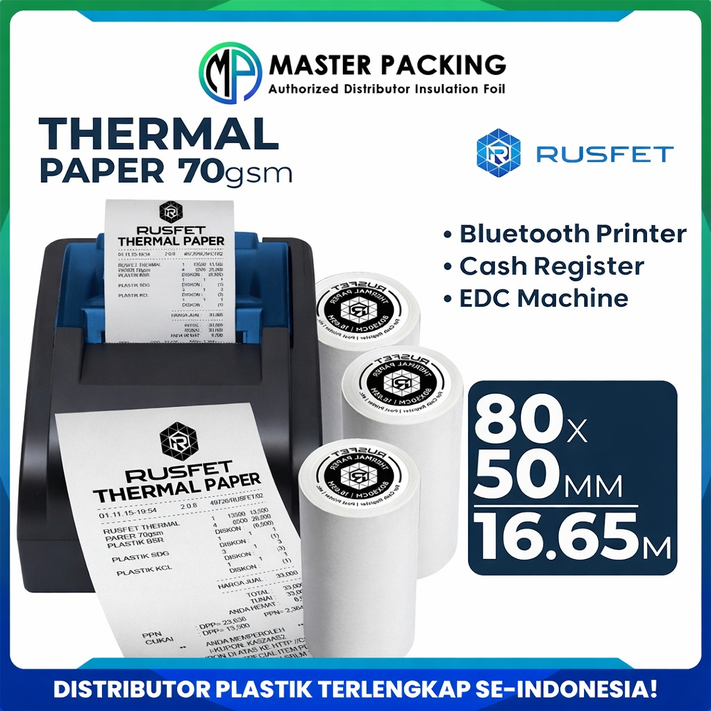 Kertas Label Termal / Paper Thermal 80mm x 50mm Core Non Sticker Printer Struk Kasir Barcode Rusfet
