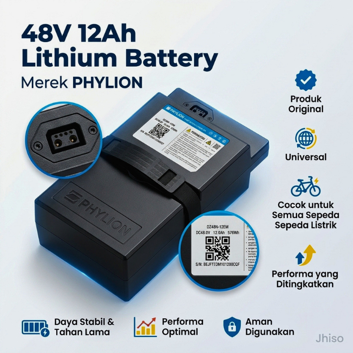 48V/12AH LITHIUM ORIGINAL MEREK PHYLION | AKI/BATERAI LITHIUM SEPEDA LISTRIK PHYLION GARANSI 2 TAHUN