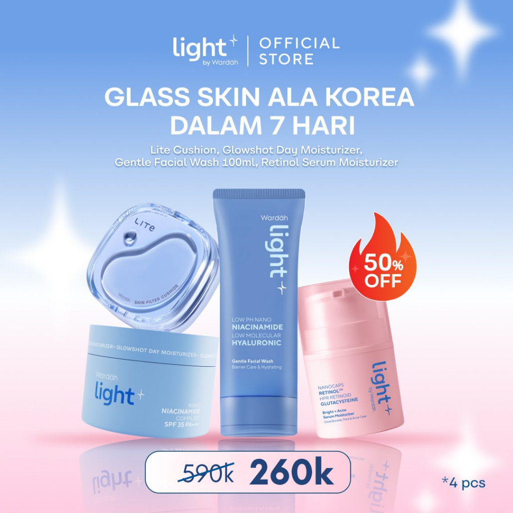 Lightplus by Wardah 4in1 Full Set Retinol Serum Moisturizer, Lite Skin Filter Cushion, Gentle Facial