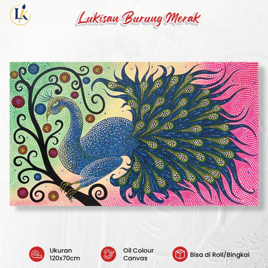 Lukisan Kanvas - Lukisan Burung Merak Dot Painting 120x70cm Handmade Hiasan Dinding Ruang Tamu Plus 