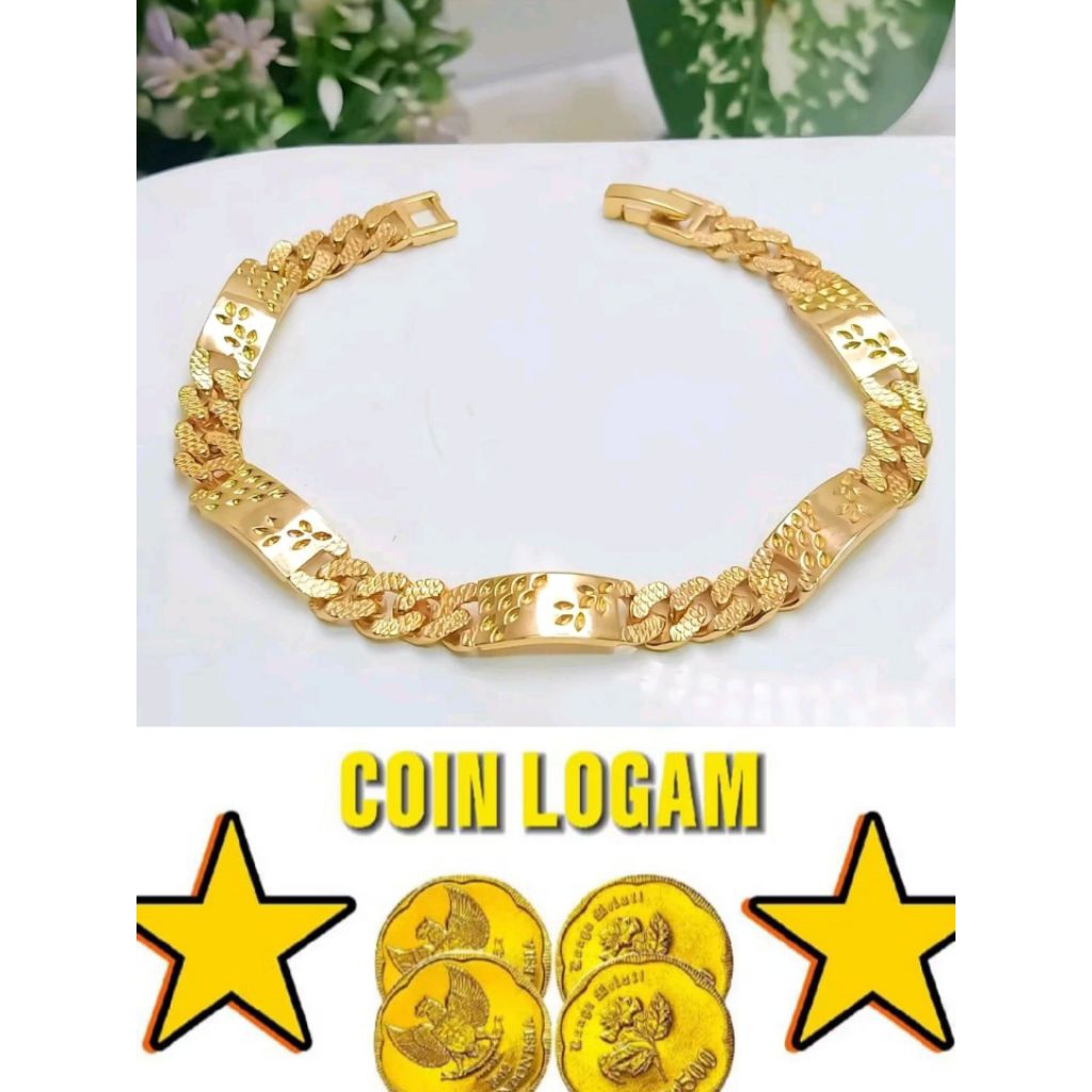 GELANG TANGAN KOIN ASLI 1991 GELANG TANGAN RANTAI FLAT PADI WARNA EMAS ANTI LUNTUR