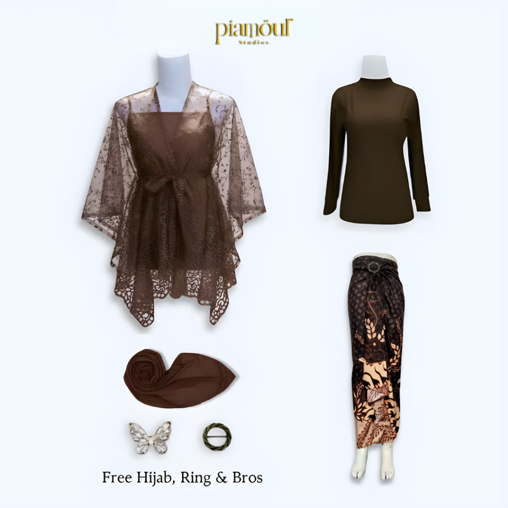 [FREE HIJAB] PIAMOUR Baju Kondangan Wanita Kekinian One Set Rok Lilit Kebaya Brokat Modern Brukat Pe
