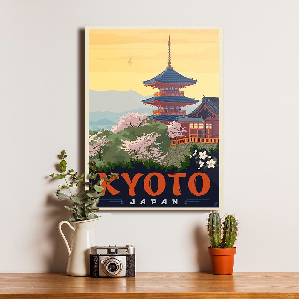 Poster Dinding Kyoto Jepang Ilustrasi Kuil Tradisional Bunga Sakura Desain Retro