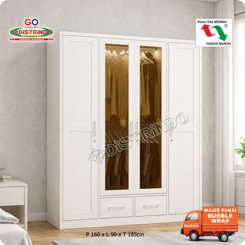 Distrindo Lemari Pakaian Besi 4Pintu dengan Laci dan LED