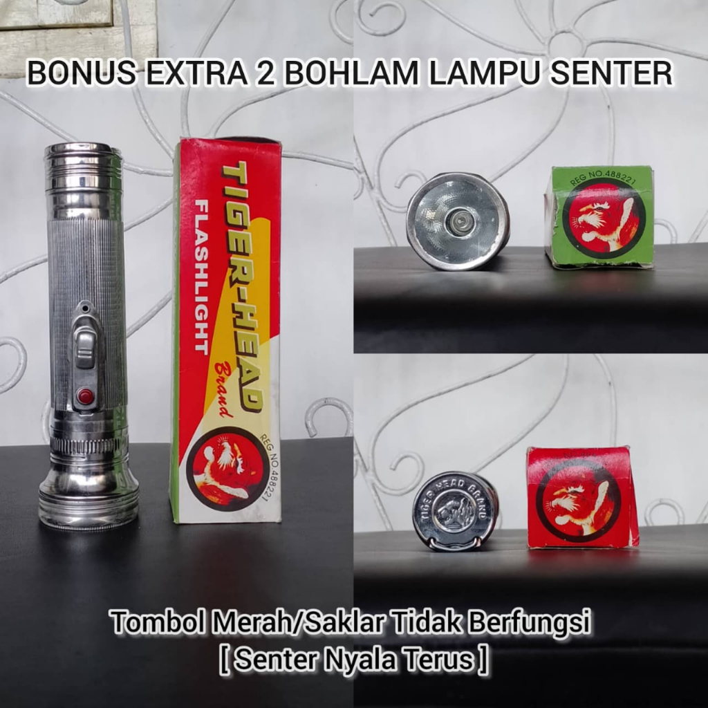 BONUS 2 BOHLAM [ MINUS SAKLAR/TOMBOL TIDAK BERFUNGSI ] SENTER JADUL TIGER-HEAD FLASHLIGHT NYALA TERA