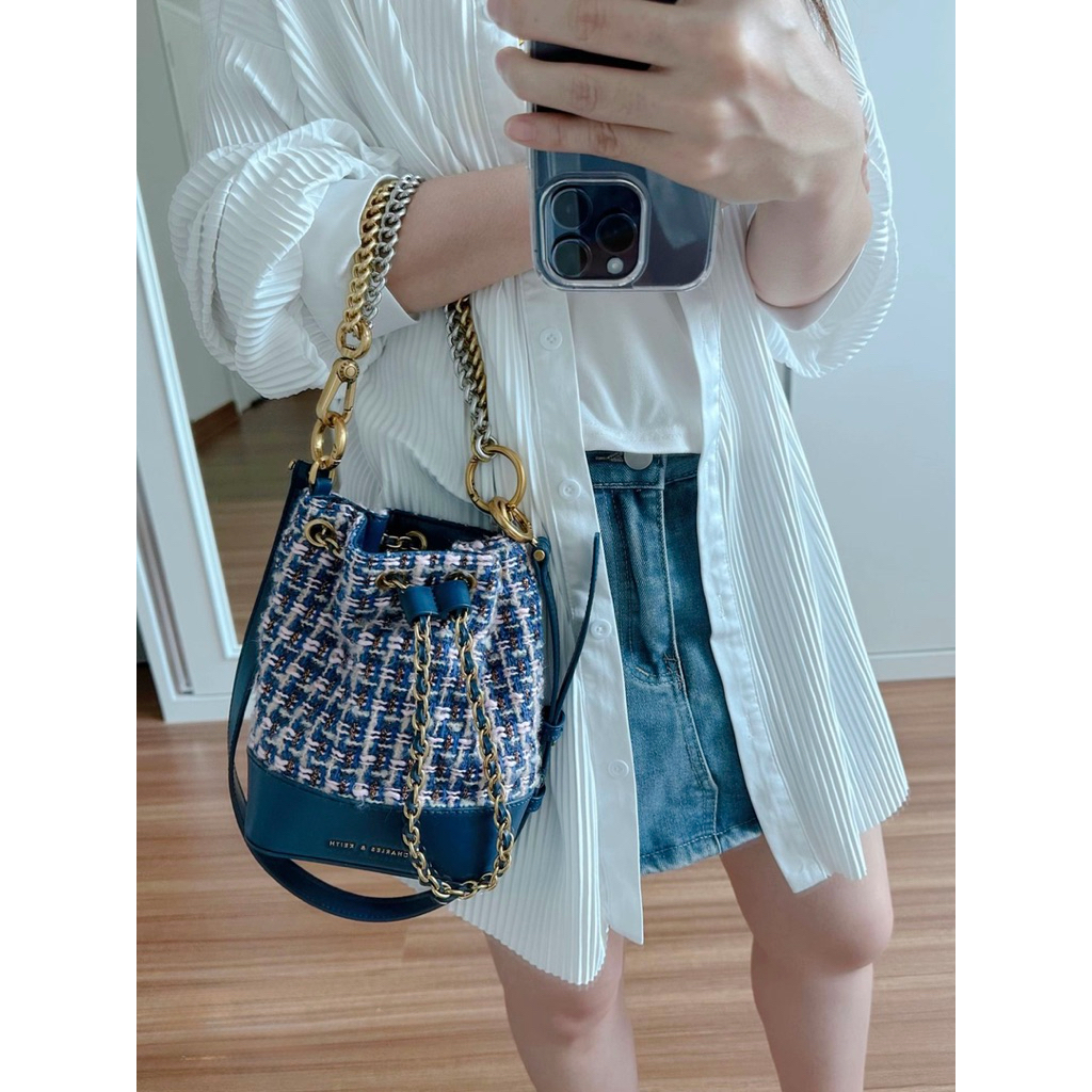 BAGSBUNNY15 • CHARLES CNK Dancer Tweed Drawstring Bucket Bag Tas wanita c421 CKsmall bucket bag draw