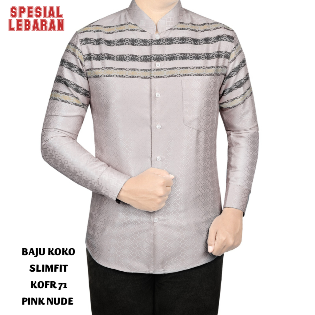 BAJU KOKO MUSLIM PRIA KEMEJA KOKO PRIA LENGAN PANJANG WARNA PINK NUDE KOFR 71