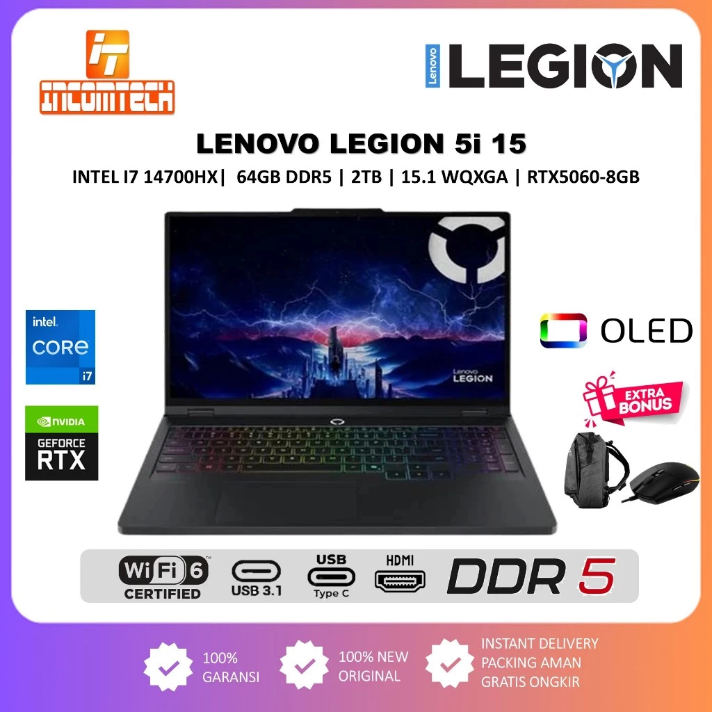 Lenovo Legion 5i 15 i7 14700HX RTX5060-8GB 32GB DDR5 1TB SSD WQXGA OLED 165Hz RGB Windows 11