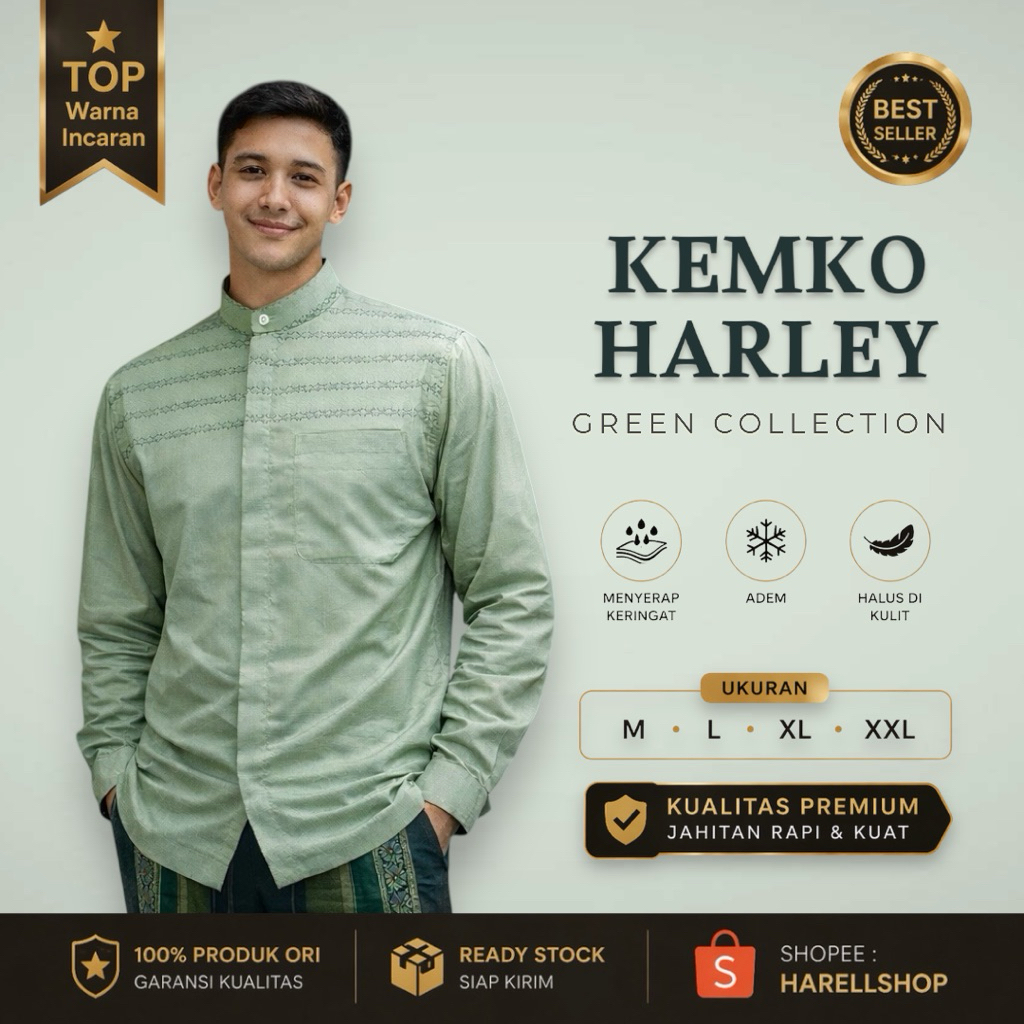 Baju Koko Pria Premium Katun Kemko Harley Green Collection Lengan Panjang Adem Nyaman Motif Modern