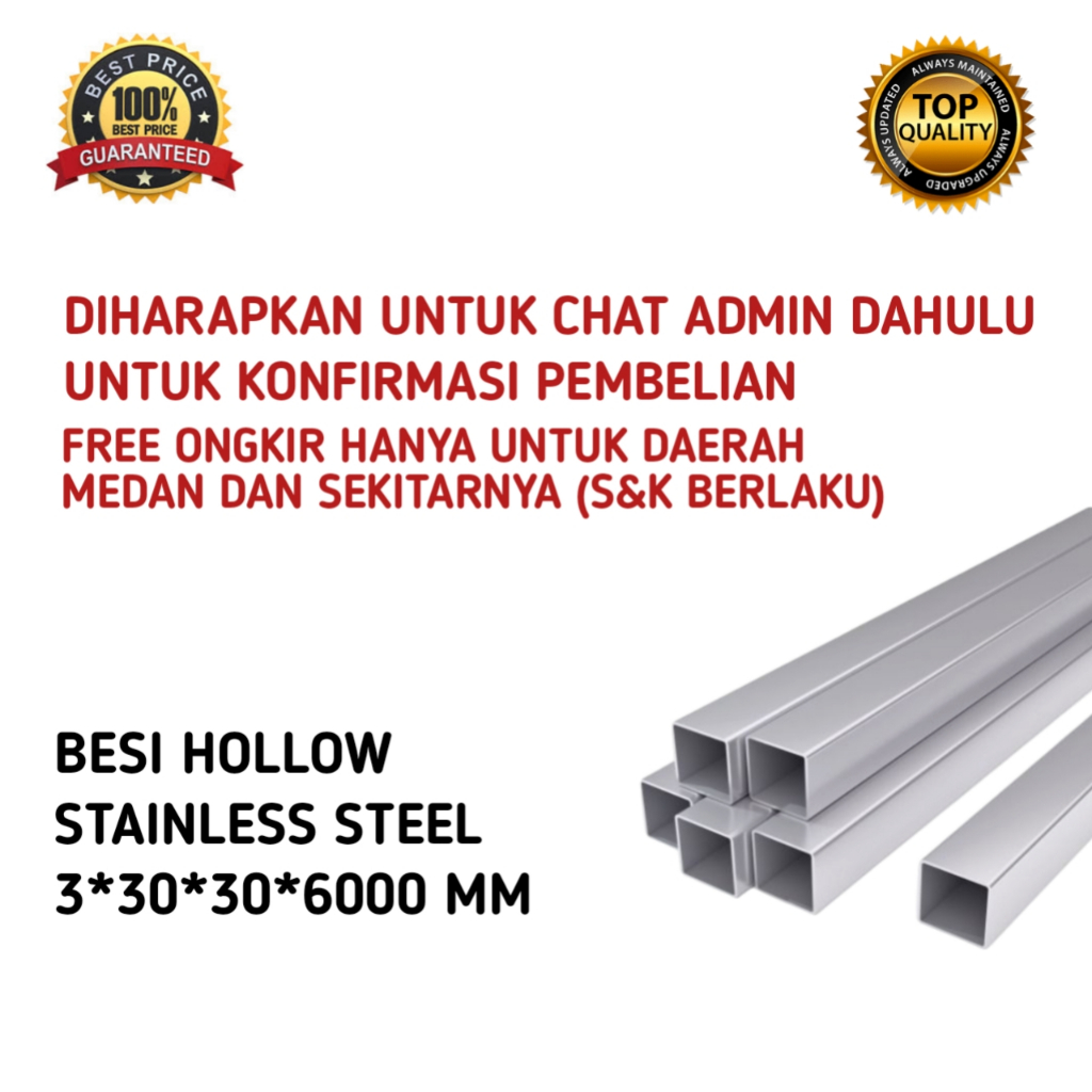 Hollow Stainless Kotak 304 30 X 30 Mm Tebal 3 Mm PIPA PERSEGI SS304 3X30X30X6000mm Hollow Stainless 