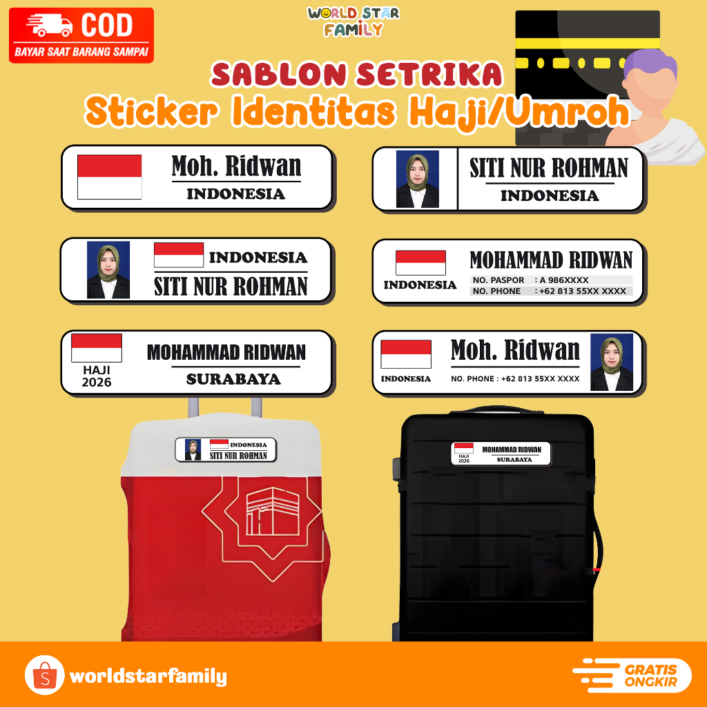 WSF | Sticker Nama Haji Umroh Custom | Label Koper Jamaah | ID Tag Tas Perjalanan | Custom Nama Indo