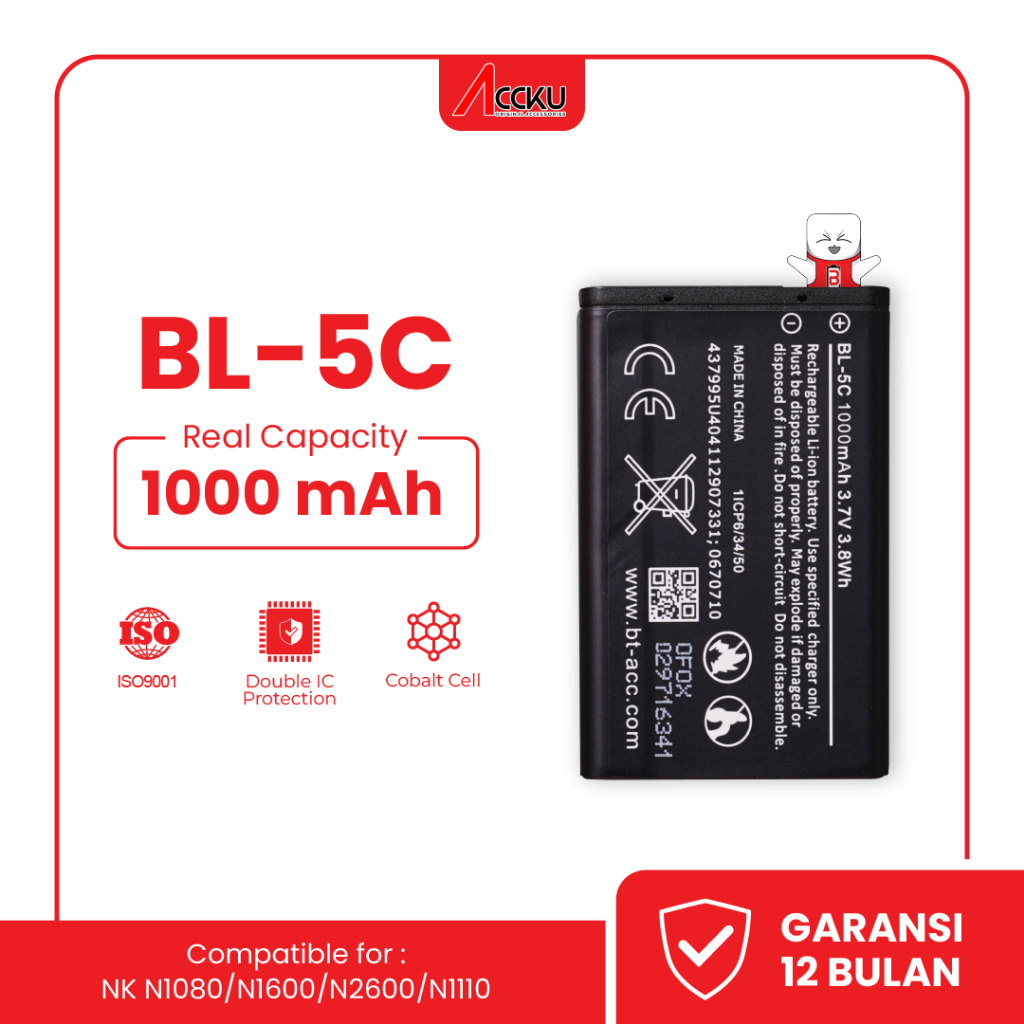 BL-5C Battery Nokia 1208 1209 1280 1600 1616 1650 Batre Nokia 1100 1101 Baterai Nokia BL5C 1110 1110