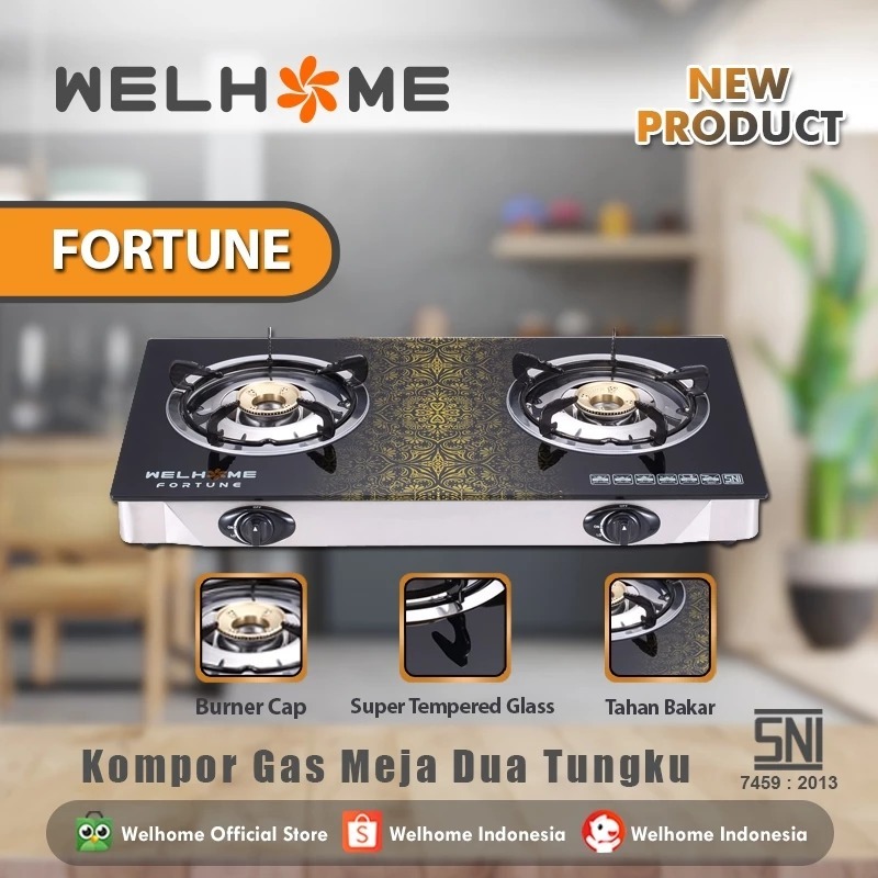 WELHOME Kompor Gas 2 Tungku Kompor Kaca Api Biru Kompor Fortune 2 Tungku