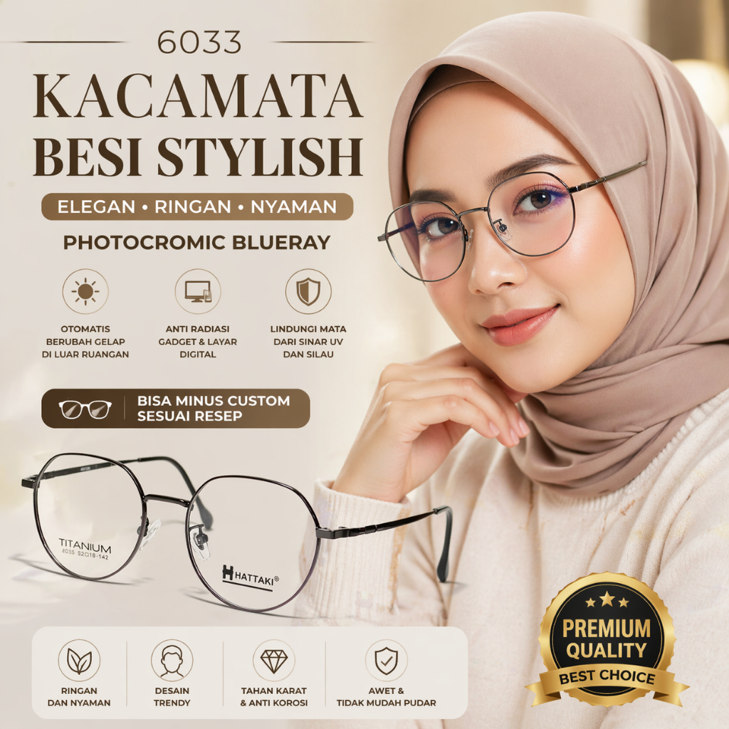 Kacamata Wanita Hijab Photocromic Anti Radiasi Blueray Frame Besi Tipis Bisa Minus 6033