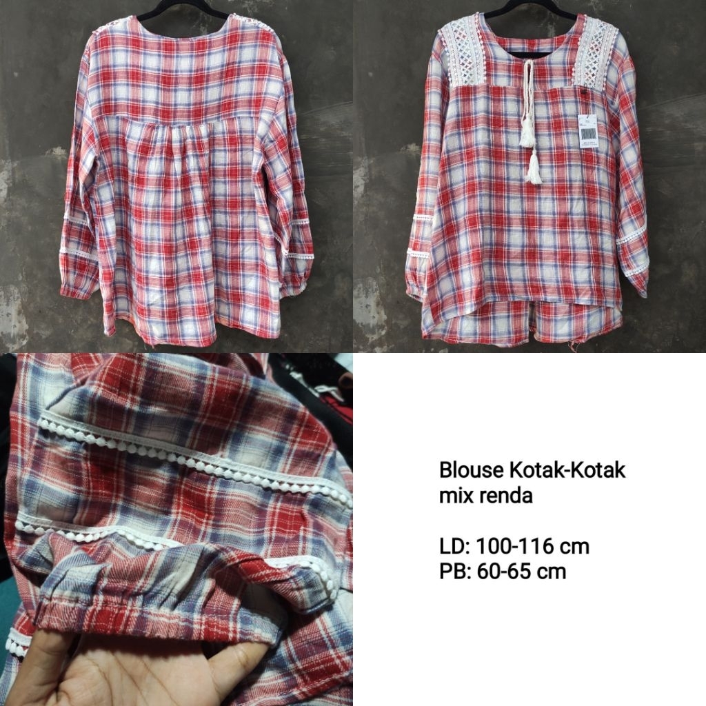 PRELOVED Blouse Wanita Lengan Panjang Baby Doll Kotak Kotak