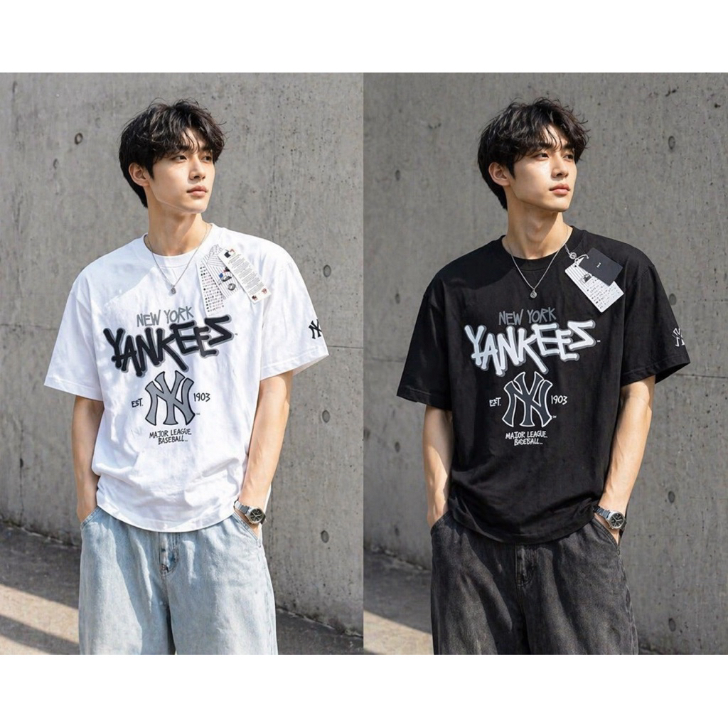 KAOS OVERSIZE MLB NEWYORK FONT LOGO BASIC GRAFITY BLOCK PRINTED BLCAK TEES BESTSELLER