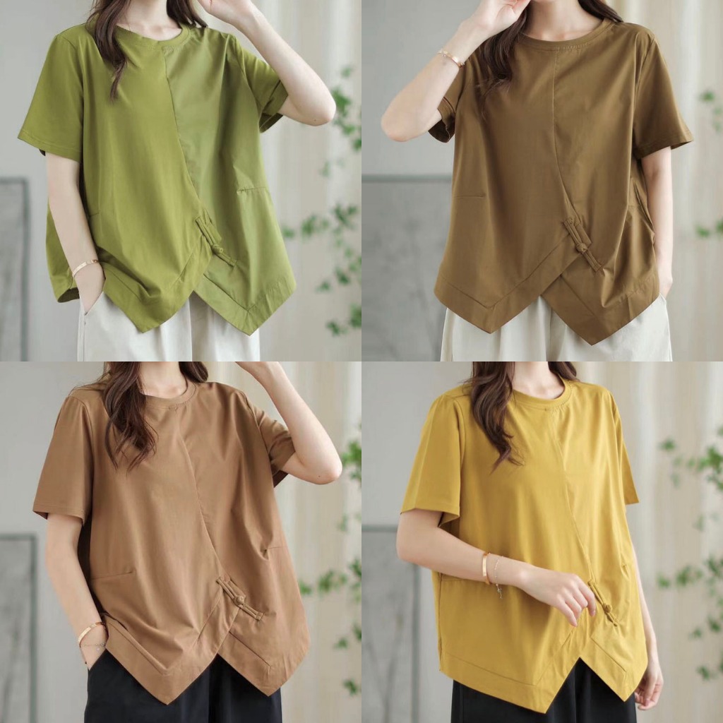 BLUS OVERSIZE KAOS SPANDEKS HIJAU COKLAT KUNING KHAKI PANEL KATUN HEM BELAH KANCING SHANGHAI KOREA I