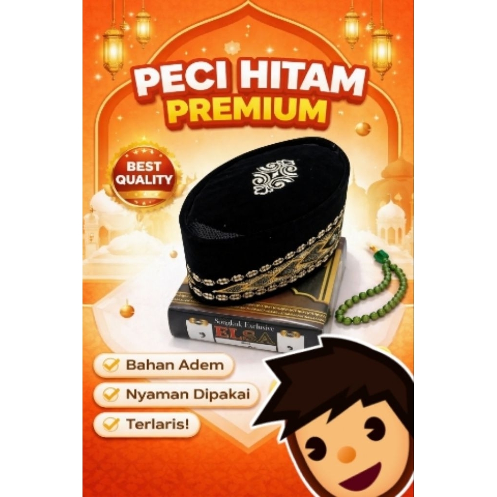 Songkok Hitam Elsa peci hitam premium bordir motif batik ukuran dewasa dan anak-anak asli Lamongan J