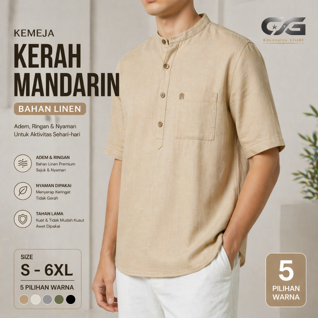 Kemeja Linen Pria Lengan Pendek, Atasan Linen Pria Tangan Pendek, Linen Big Size, Jumbo Men's Shirt