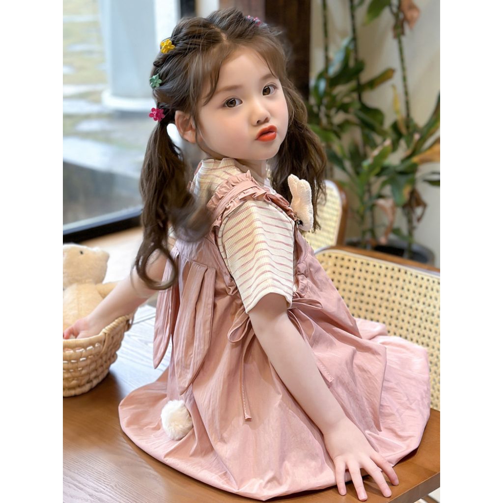 dress import anak perempuan lengan pendek model overall / baju overral motif dalaman salur anak ala 