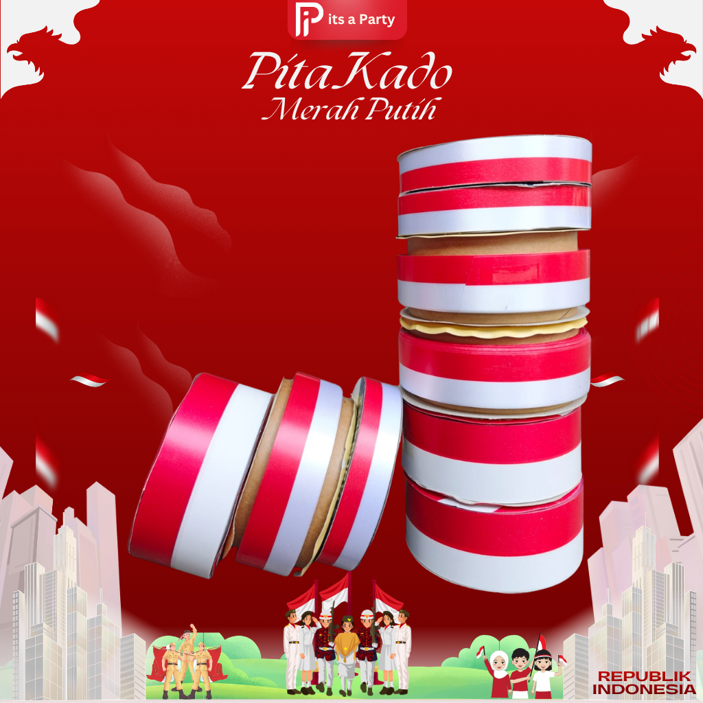[Roll] Pita Kado Merah Putih Uk 2cm 2,5cm 3,8cm | Pita Bendera Merah Putih 20mm 25mm 28mm | Pita Kad